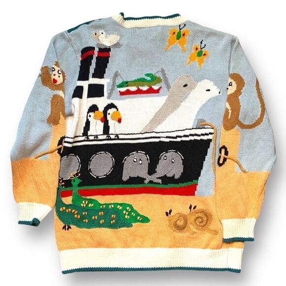 Vintage 90s Noah’s Ark Cardigan Sweater Bright Pattern Blue Animal Print Knit - Picture 2 of 11